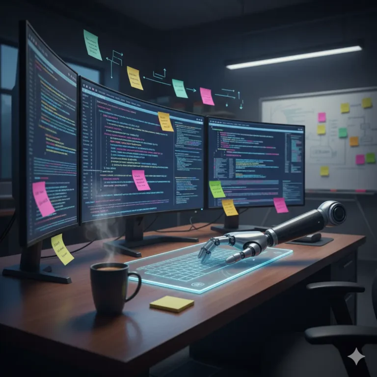 Escritorio con pantallas y programación.