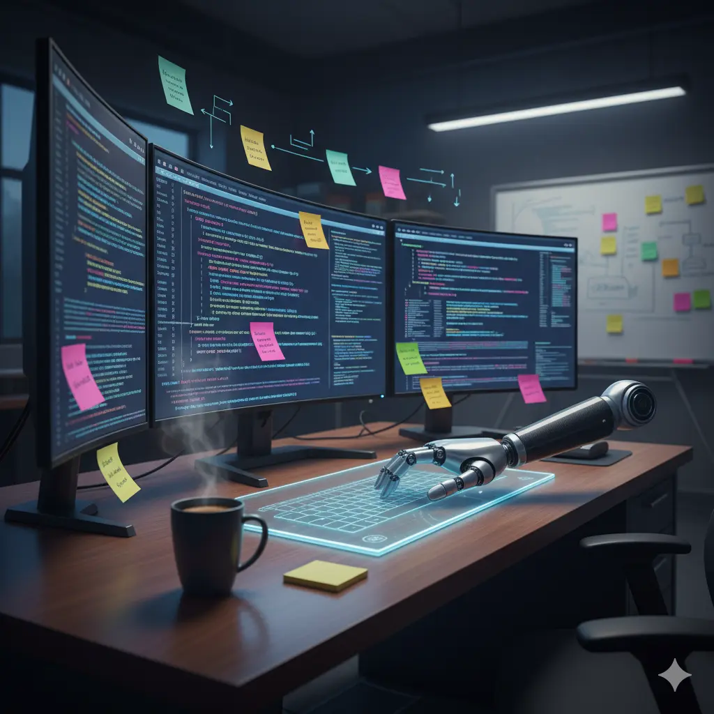 Escritorio con pantallas y programación.